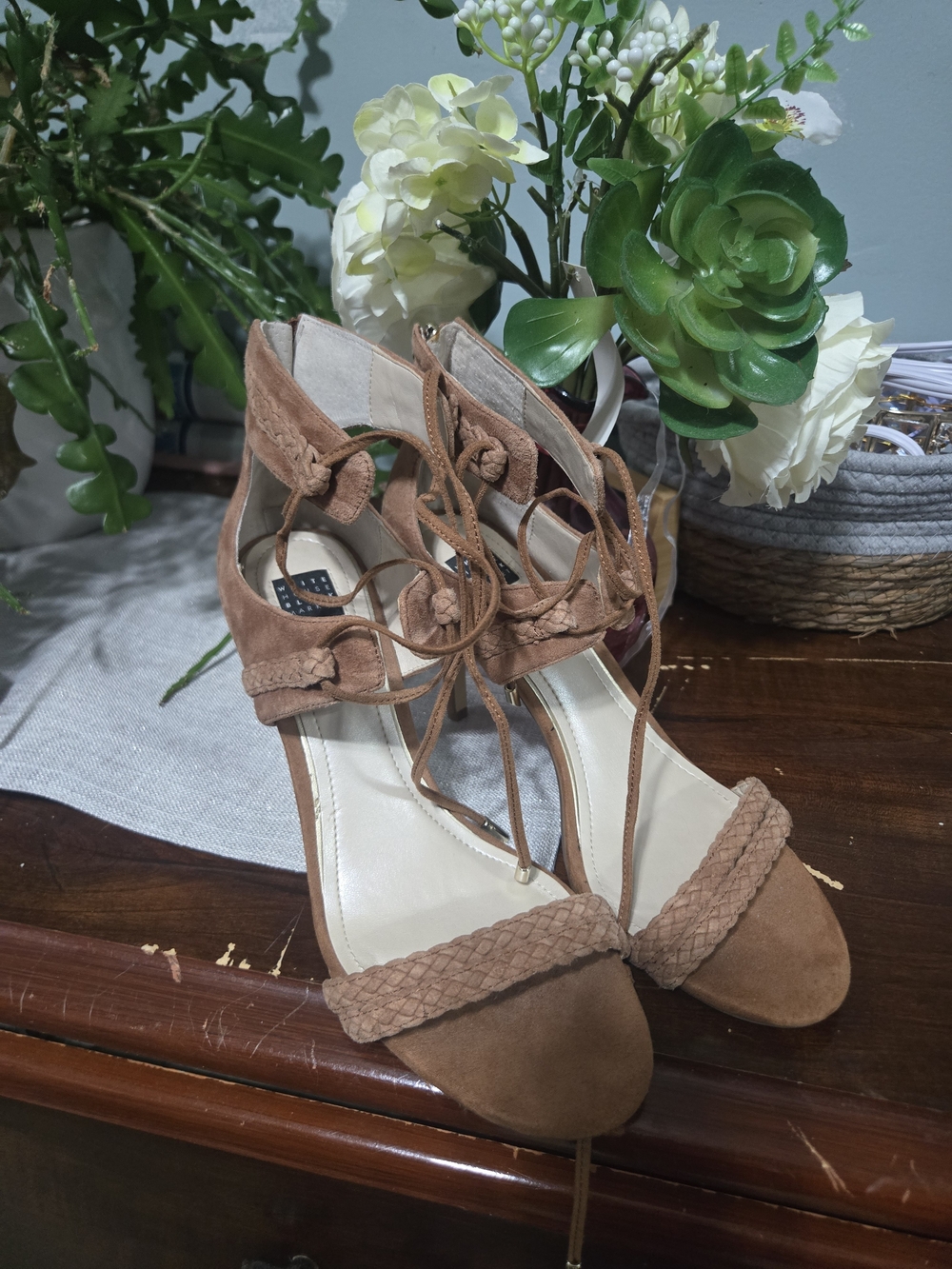 White House Black Market Braided Suede Lace-Up Heels - Brown